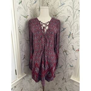 Cotton Candy Tunic Dress M Red Paisley Shift Long Sleeve Hippie Boho
